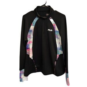 🖤 FILA Black Long Sleeve Athletic Pullover With Colorblock Print – Size L